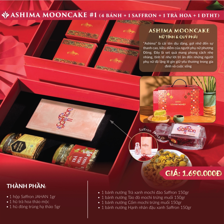 ASHIMA MOONCAKE #1 - Hộp quà 4 bánh trung thu + Saffron JAHAN + ĐTHT và Trà hoa 