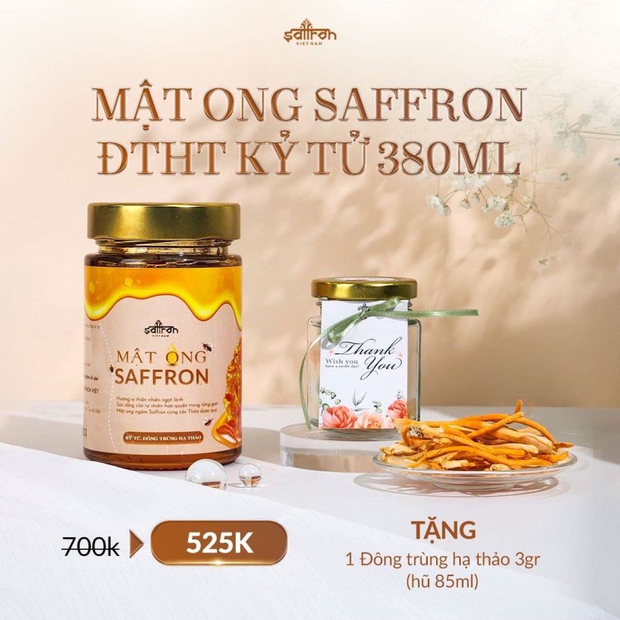 Mật ong Saffron Đông trùng hạ thảo Kỷ tử 380ml