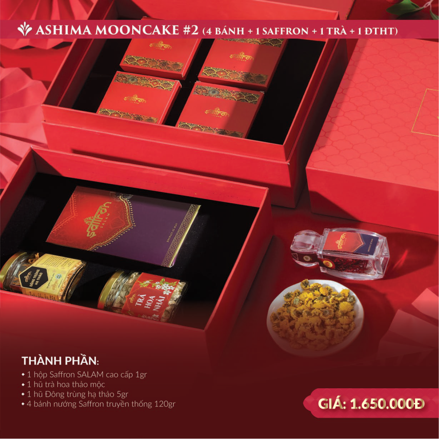 ASHIMA MOONCAKE #2 - Hộp quà 4 bánh trung thu + Saffron SALAM + ĐTHT và Trà hoa 